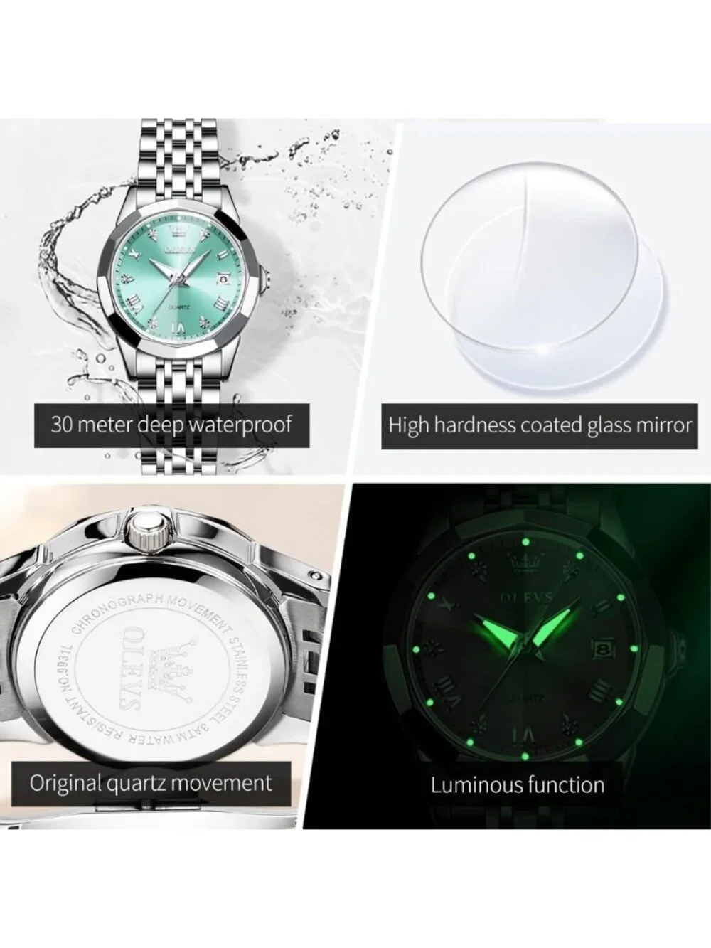 Women's Silver Band/Green Dial Stainless Steel Luxury Quartz Analog Wrist Watch